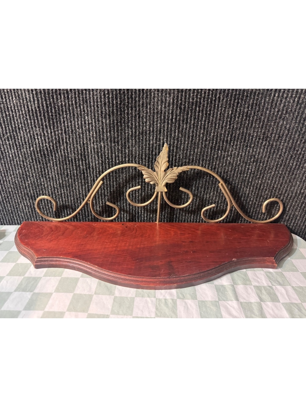 Vintage Wooden Wall Shelf with Decorative Metal Scrollwork